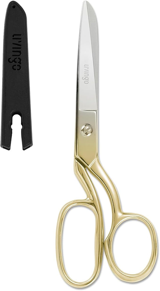 LIVINGO Professional Fabric Sewing Scissors: Multipurpose Heavy Duty Forged Stainless Steel Sharp Bent Blade Dressmaker Classic Cutting Leather Cloth Tailor Shears for Home - 8 inch Gold