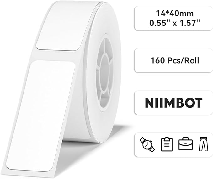 NIIMBOT Label Maker Tape 14×40mm White Label Print Paper Compatible for NIIMBOT D11 D110 D101, Thermal Sticker Paper Waterproof Labeling Tape Replacement 160 Labels/Roll