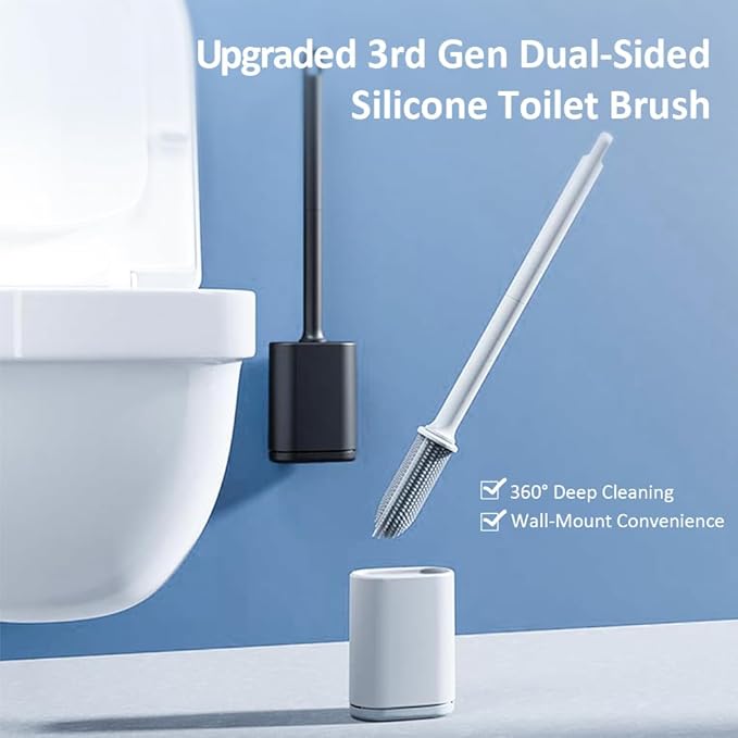 Kucucyle Dual-Sided RV Silicone Toilet Brush with TPR Bristles & Detachable ABS Handle Set, Wall Mountable Toilet Bowl Brush,Flexible Cleaners Brushes for 360°Deep Cleaning Bathroom/Camper (White)