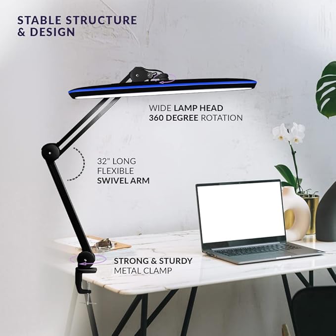 Neatfi XL 2,200 Lumens LED Desk Lamp, 23 Inches 24W, Adjustable Arm, Dimmable, Eye Caring, Nail Light for Home, Office, Study Lamp (Non-CCT with Clamp, Black)
