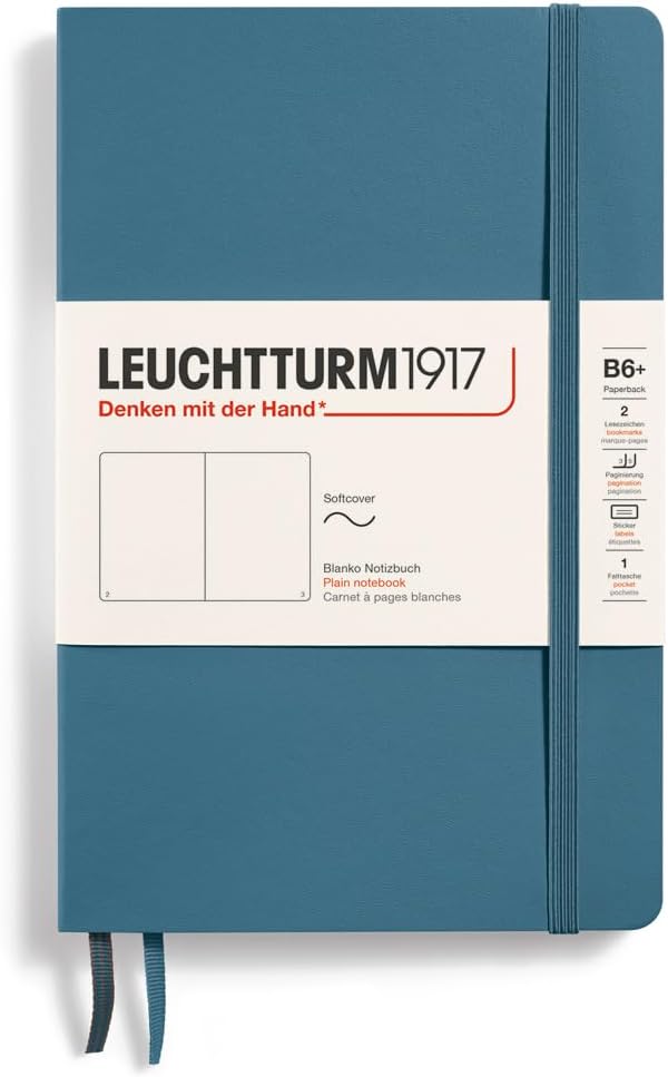 LEUCHTTURM1917 - Notebook Softcover Paperback B6+ - 123 Numbered Pages for Writing and Journaling (Plain, Stone Blue)