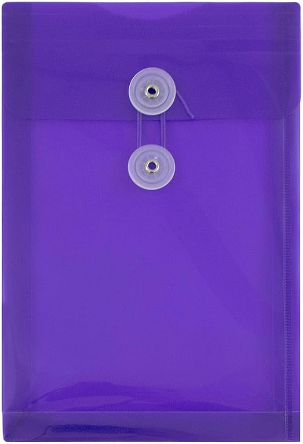 JAM PAPER Plastic Envelopes with Button & String Tie Closure - 6 1/4 x 9 1/4 - Purple - 3/Pack