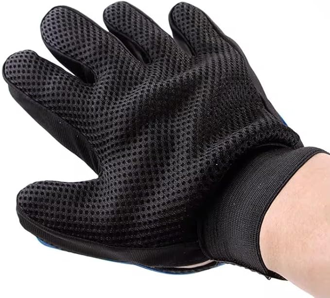 Pet Grooming Glove, Blue and Black, Breathable Mesh with Silicone Tips, Adjustable Strap, for Dog Cat Hair Removal and Deshedding