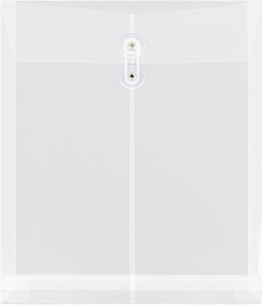 JAM PAPER Plastic Envelopes with Button & String Tie Closure - Letter Open End - 9 3/4 x 11 3/4 - Clear - 12/Pack