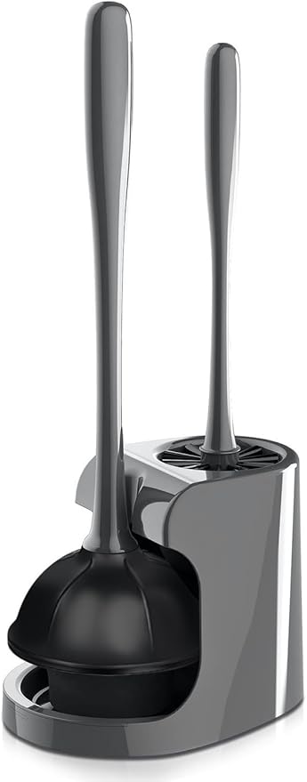 2 in 1 Toilet Brush and Plunger Set - Toilet Brush with Solid Handle, Stand and Holder for Deeply Cleaning in Bathrooms - Plastic Toilet Brush and Holder Set in Grey