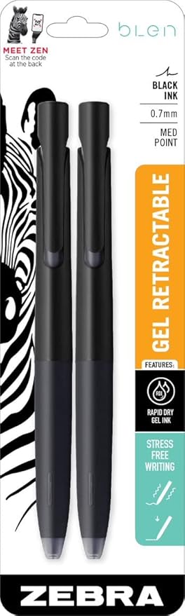 Zebra Pen bLen Gel Pens 0.7mm Medium Point Black Ink With Black Barrel 2-Pack, Smooth Fast-Drying Ink, Vibration-Free Writing Experience, Rubber Grip, Low-Profile Clip (41412)