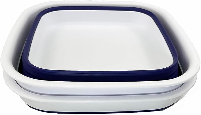 SAMMART 8L (2.1 Gallon) Collapsible Tub - Foldable Dish Tub - Portable Washing Basin - Space Saving Plastic Washtub (White/Navy Blue (Set of 2))