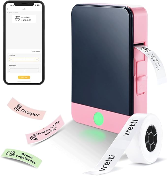 vretti Label Maker Machine with Tape, Easy to use, Mini Label Maker for Home and Office, Support Various Sizes, Clearly Prints for Organizing Office, Home, Kitchen, School (Pink)