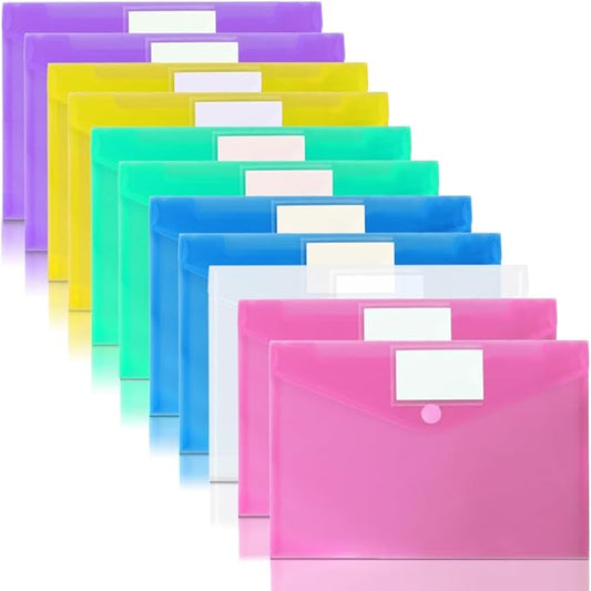 11 Pack Plastic Poly Filing Envelopes, Clear Document Folders US Letter A4 Size File Envelopes with Label Pocket & Paste Button for School Home Work Office Organization, 6 Assorted Color