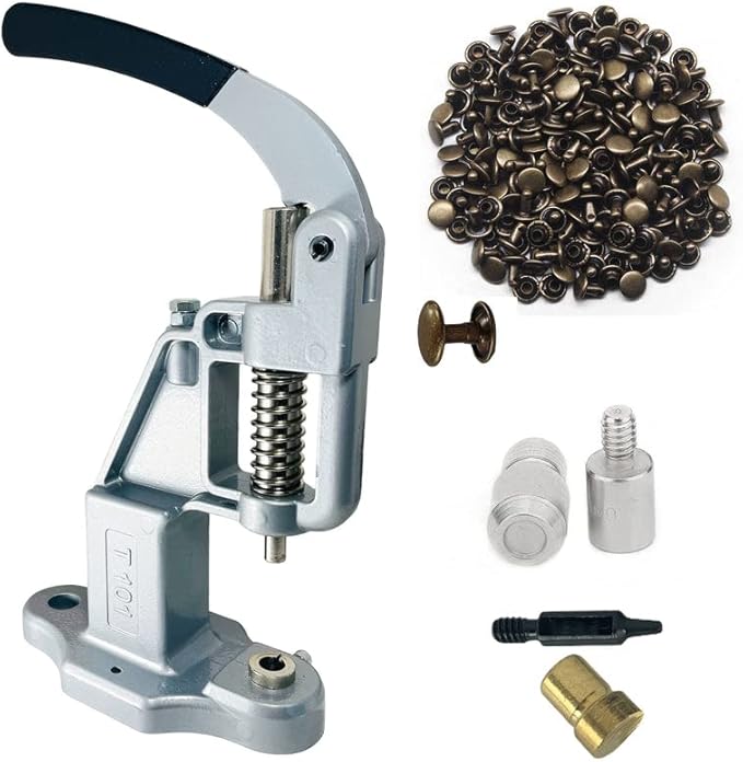 Hobby Trendy Hand Press with 1000 Sets of Iron 9mm Double Capped Rivets with Dies and Hole Punch(Silver Gray Press,Bronze Rivets)