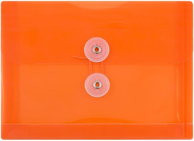 JAM PAPER Plastic Envelopes with Button & String Tie Closure - Index Size - 5 1/2 x 7 1/2 - Orange - 3/Pack