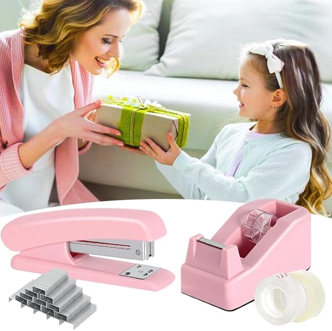 12 Pack Office Supply Kit,Pink Office Supplies Includes Stapler,Tape Dispenser,Staple Remover,Staples,Clips,Scissor,Staples,Clips,Scissor,Ruler and Tabs