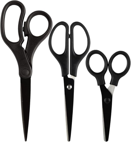 JAM PAPER Multi Purpose Scissors Set - Black - Assorted Sizes - Ergonomic Handle & Stainless Steel Pointed Tip Blades - 3/Pack