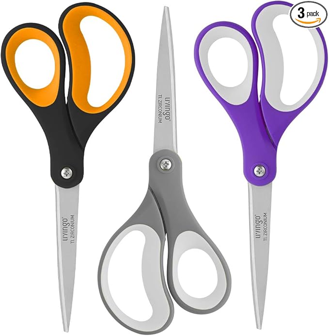 LIVINGO Scissors All Purpose, Student School Scissors, Sharp Titanium Coated Stainless Steel Shears for High Middle School Teacher Crafting, Office Home Sewing Cutting Fabric, 8 inch 3 Pack