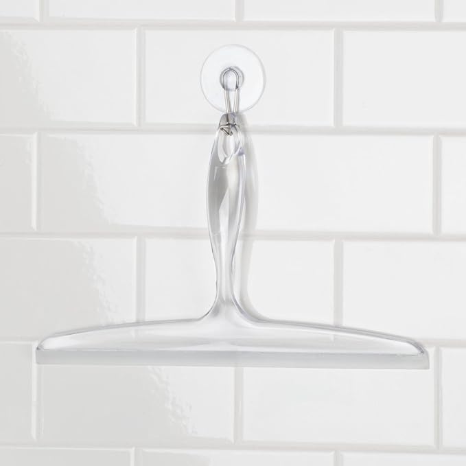 iDesign Plastic Bath Squeegee for Glass with Suction Hook Holder – 12", Clear