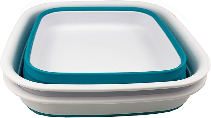 SAMMART 8L (2.1 Gallon) Collapsible Tub - Foldable Dish Tub - Portable Washing Basin - Space Saving Plastic Washtub (White/Ceramic Blue (Set of 2))
