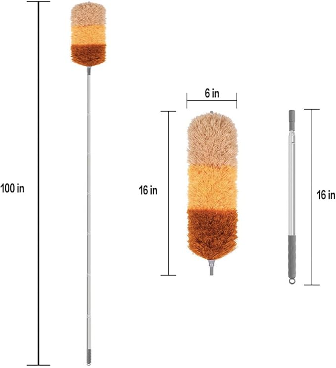 Extra-Long 100-Inch Telescoping Microfiber Feather Duster with Extension Pole, Bendable Microfiber Head Washable for Cleaning High Ceilings, Ceiling Fans, Furniture & Window Sills