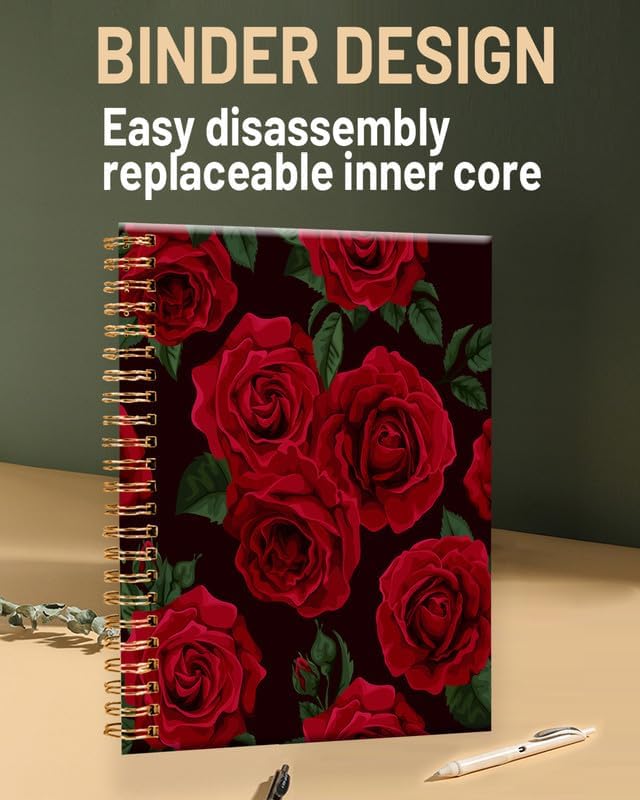 Spiral Journal Notebook for Women,A5 College Ruled Notebooks 6"x 8.4", 120 Pages (60 Sheets) Lined Journal with Premium Thick Paper,Perfect for School Office Home(Black Rose Floral)