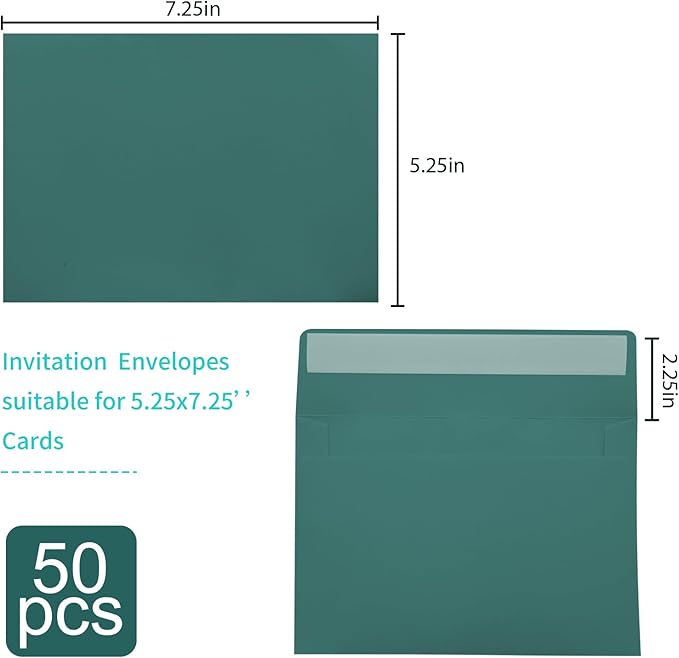 A7 Self Seal Envelopes, 50 Pack 5x7 Envelopes for Invitations, Greeting Cards, Mailings, Printable Invites, Weddings, Parties, Photos, Postcards, Standard Letter Size, Green