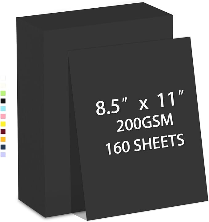 160 Sheets Cardstock Paper 8.5 x 11 Premium Weight 200gsm Black Card Stock Paper for Printing, Crafts, Invitations | Smooth Printer Cardstock Paper | Bulk Construction Paper DIY & Professional Use