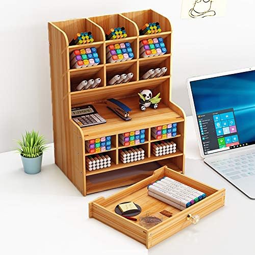 Marbrasse Wooden Desk Stationary Organizer, Multi-Functional Pen Holder, Storage Rack for School Home Office Art Supplie (B16-Cherry Color)