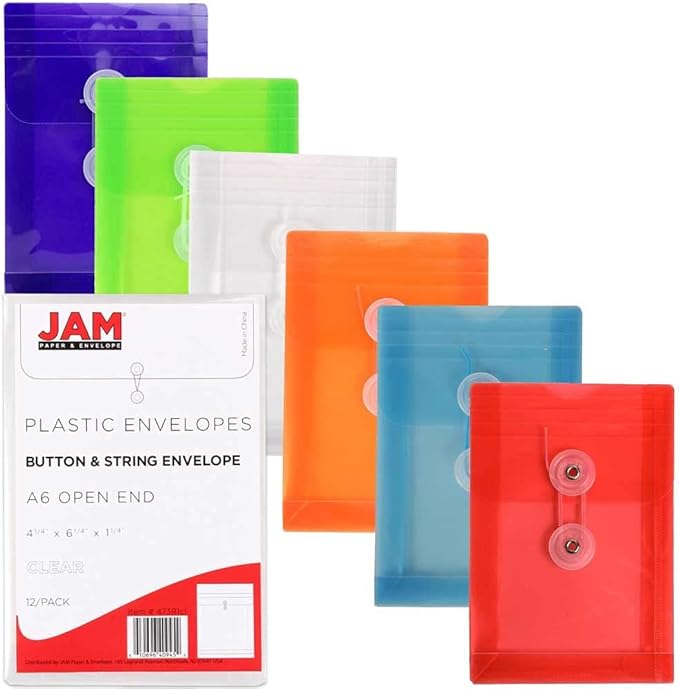 JAM PAPER Plastic Envelopes with Button & String Tie Closure - 4 1/4 x 6 1/4 - Assorted Colors - 6/Pack