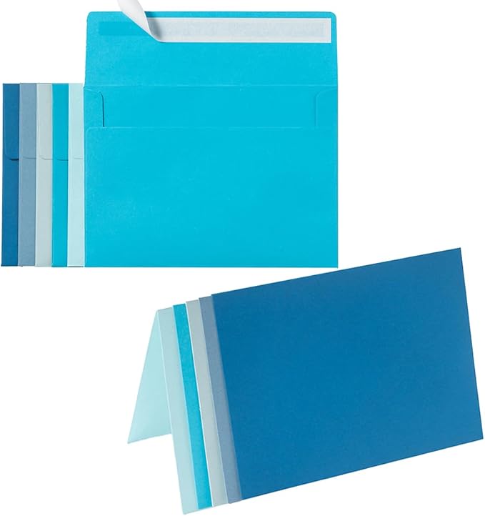 Wishop 50 Pack Blue Self-Adhesive Envelopes with Fold Cards 5 Colors for Wedding Invitations and Greeting Cards (Blue 5 Colors, 5x7)