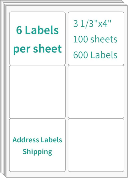 6 UP Labels, 4" x 3-1/3" Shipping Address Labels for Laser Inkjet Printer, Self Adhesive, Blank Mailing Sticker Paper (4000 Sheet=24000 up)