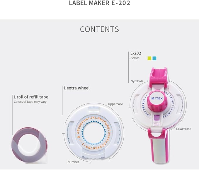 Motex Embossing Label Maker, Labeling Tool, Old School Label Maker, for Manual Label Embossing- E-202, (2 Wheels &1 Refill Tape Included, Ready to use) (Light Blue)