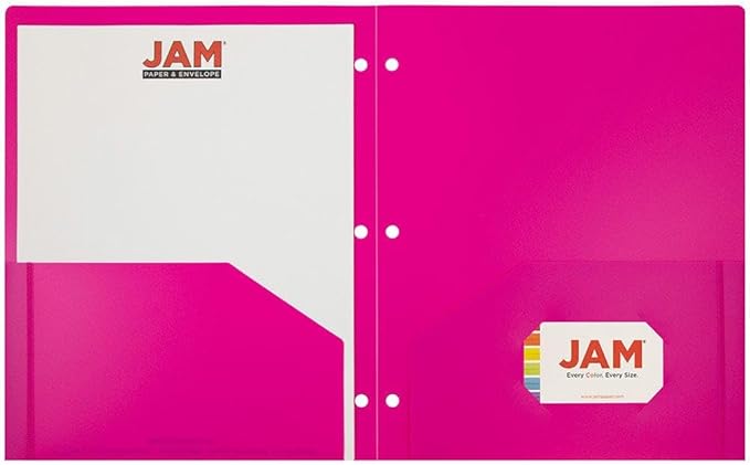 JAM PAPER Heavy Duty Plastic 3 Hole Punch Pocket Folders - Extra Tough School Folders - Fuchsia Hot Pink - 3/Pack