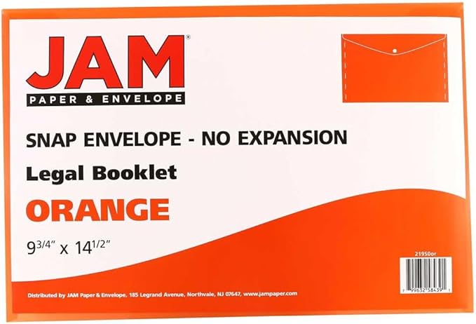JAM PAPER Plastic Envelopes with Snap Closure - Legal Booklet - 9 3/4 x 14 1/2 - Orange - 3/Pack