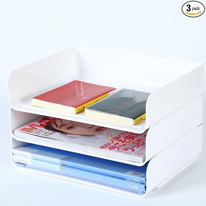 3 Tiers Stackable A4 Paper Trays, Office Desk File Holder, Tidy File Document Letter Book Paper Organizer (3 Tiers,White)