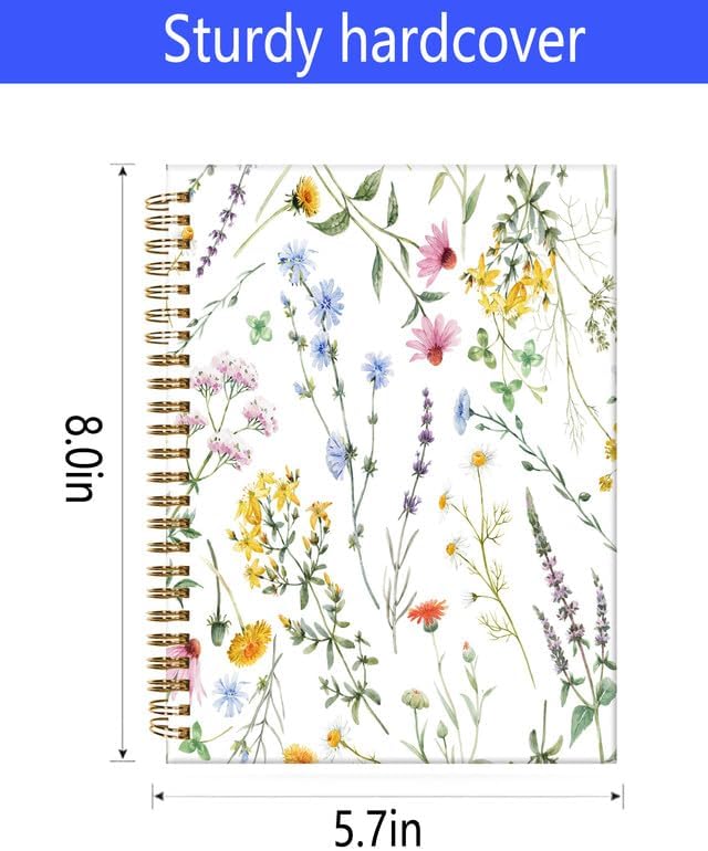 Spiral Journal Notebook,A5 Hardcover Lined Journals for Women Girl 6 x 8.3 in,120 Pages Thick Paper,Cute College Ruled Writing Notebook for Gifts Office Work School(Watercolor Wild Flowers)