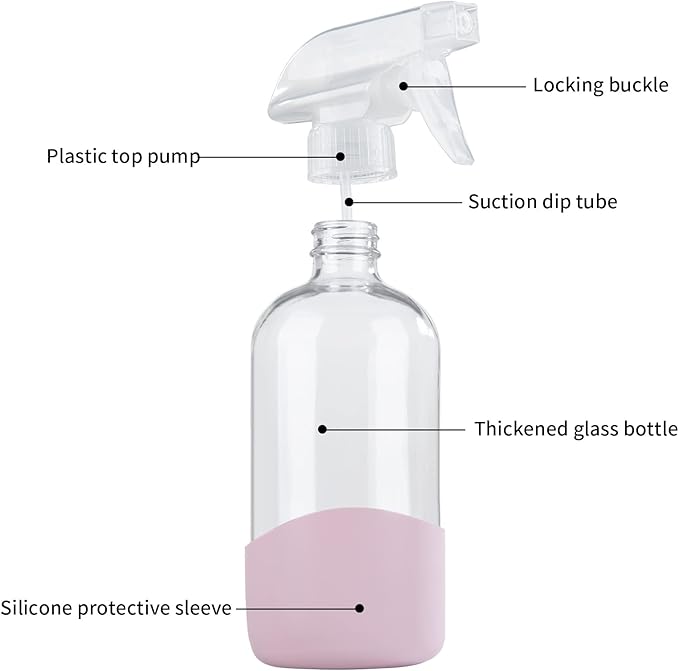 HOMBYS 8 Oz Empty Clear Glass Spray Bottles with Silicone Sleeve Protection Refillable Containers for Cleaning Solutions, Essential Oils, Misting Plants - Quality Sprayer - 3 Pack Boston Bottles