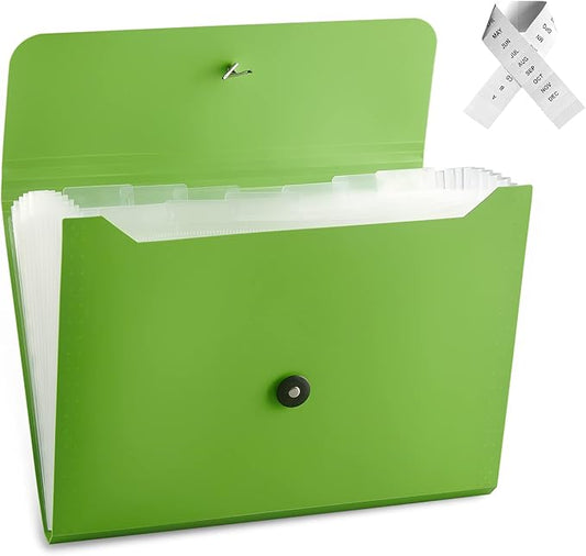 Expanding File Folder File Organizer with 13 Pockets Accordion Filing Folder Expandable File Folder for Documents Paper Organizer for Work, School, Home, Office,Green