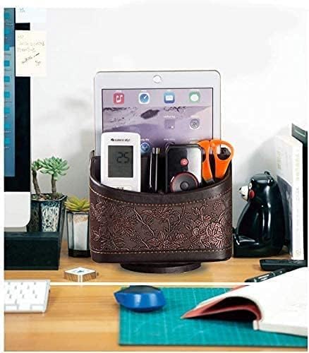 PU Leather Remote Control Organizer with 360° Spinning Design,Desk Organizer for TV Remote,Phone,Pen,Glasse,Mail,Tablet,Calculator,Controller-Home & Office Storage Caddy (Antique Brown) ﻿