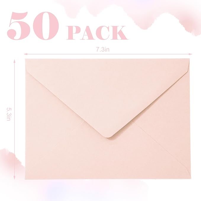 Whaline 50Pcs A7 Invitation Envelopes Set Blush Pink Greeting Card Envelopes V-Flap Envelopes Gift Card Sleeves for Mailing Envelopes Sending Card, 7.3x5.3 Inch