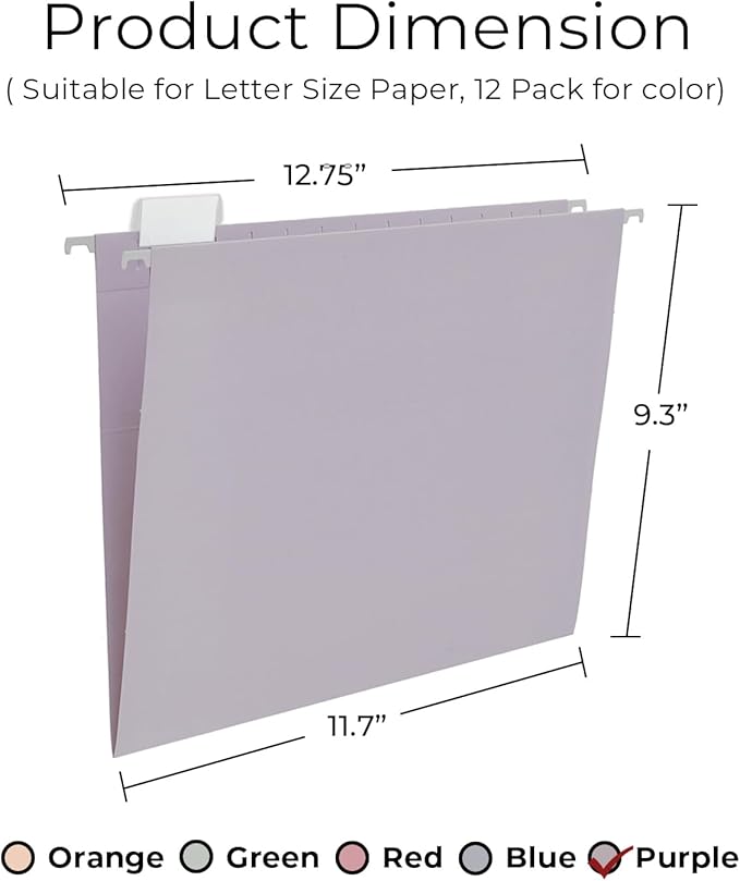 Y YOMA Letter Size - 12 Pack Colored Hanging File Folders Decorative Hanging Folder Cute Pretty File Folder for Filing Cabinet Office Home with 1/5-Cut Adjustable Tabs, Morandi Purple
