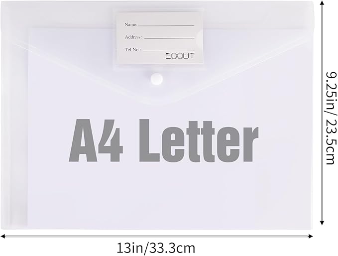 EOOUT 30pcs Plastic Envelopes, Clear Envelopes with Snap Closure, Document Folders Letter Size A4 Size File Envelopes with Label Pocket for School Home Work Office Organization