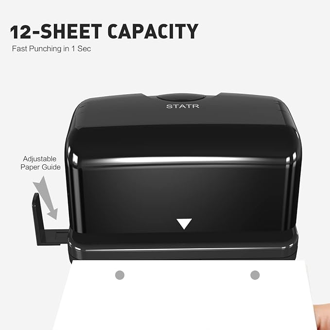 Electric 2 Hole Punch,VEYETTE Black Hole Punch,Punches Up to of 12-15 Sheets Paper, AC or Battery