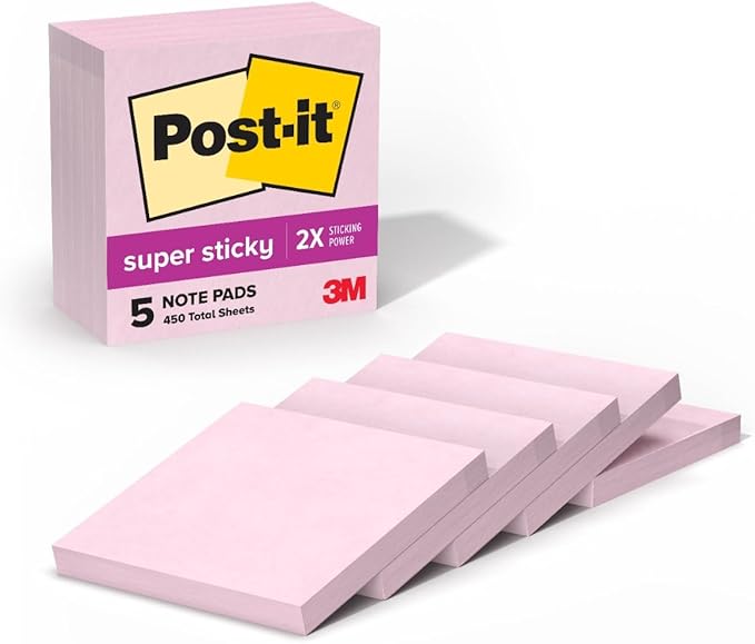 Post-it Super Sticky Notes, 5 Sticky Note Pads, 3 x 3 in., School Supplies, Office Products, Sticky Notes for Vertical Surfaces, Monitors, Walls and Windows, Pink Salt
