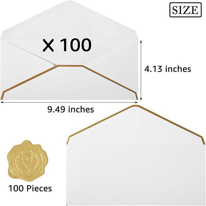 100 Pack #10 Business Envelopes with Gold Border, Self Seal Standard Envelopes with Gold Stickers for Office, Checks, Letter Mailing, Invoices, 4 1/8 x 9 1/2 Inches (White)