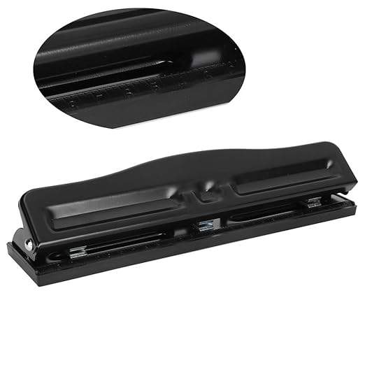 Akozon 3 Hole Adjustable Heavy-Duty Hole Punch, Black, Minimalist Style, Punctures Up to 10 Sheets, Metal Body, Iron Handle