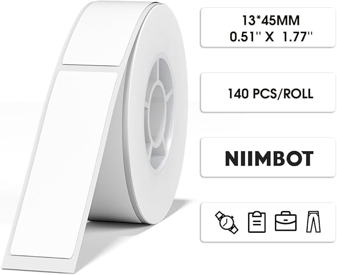 NIIMBOT D11 Label Maker Tape D110 Adapted Label Print Paper, Self-Adhesive Labeling Tape Replacement 13 X 45mm Thermal Label Tape for Home Office, 140 Labels/Roll, White
