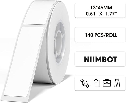 NIIMBOT D11 Label Maker Tape D110 Adapted Label Print Paper, Self-Adhesive Labeling Tape Replacement 13 X 45mm Thermal Label Tape for Home Office, 140 Labels/Roll, White