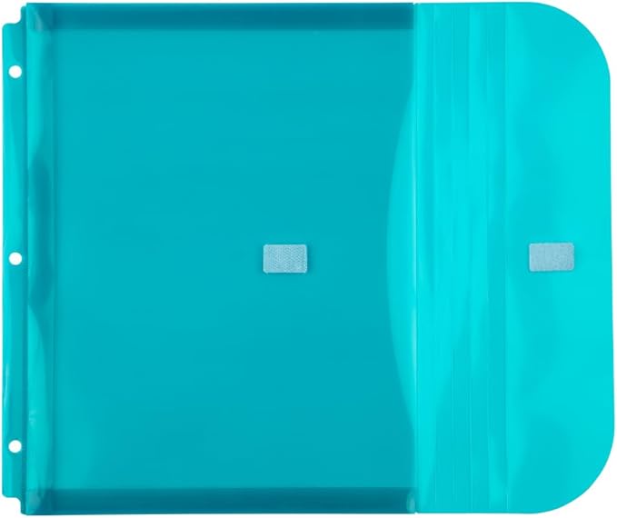 JAM PAPER Plastic 3 Hole Punch Binder Envelopes with Hook & Loop Closure - Letter Booklet - 9 1/2 x 11 1/2 with 1 Inch Expansion - Teal - 12/Pack
