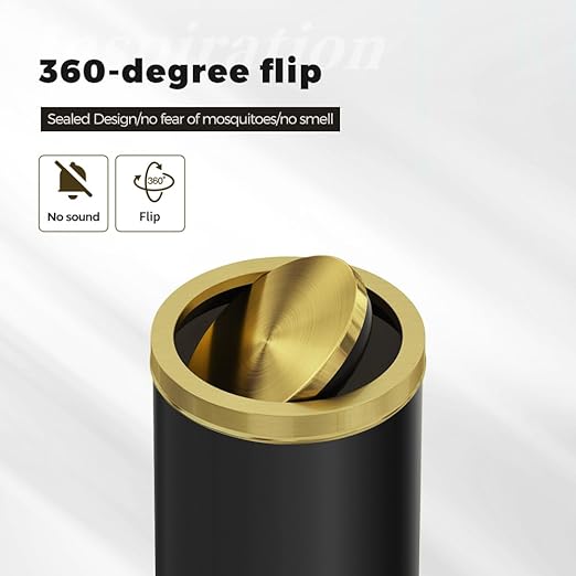 30L/8GAL Gold Brass Kitchen Trash Can,Tall Commercial Garbage Can with FILP Lid,Black and Gold Trash Can for Kitchen,Shopping mall,Elevator gate,Airport, Hotel,Commercial (Black)