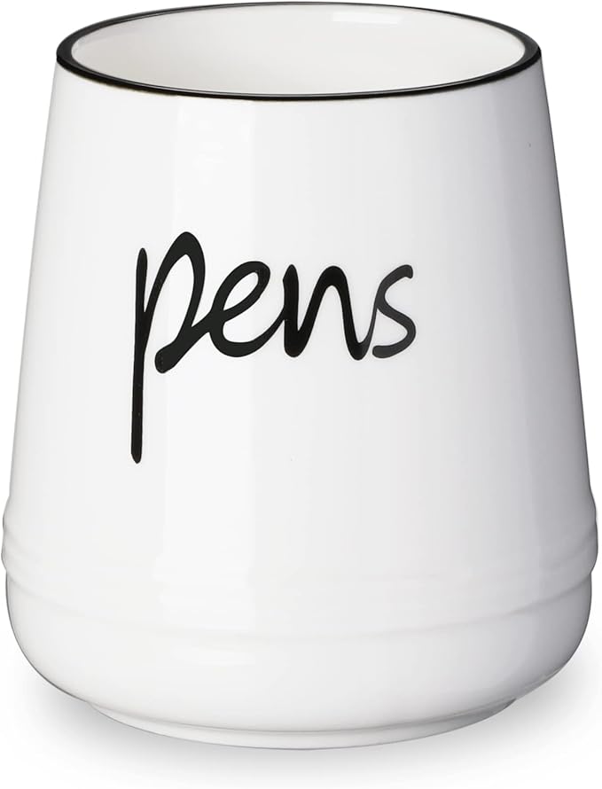 LEEOTYI Ceramic Farmhouse Pen Holder for Desk, Pencil Organizer 16 oz (White)