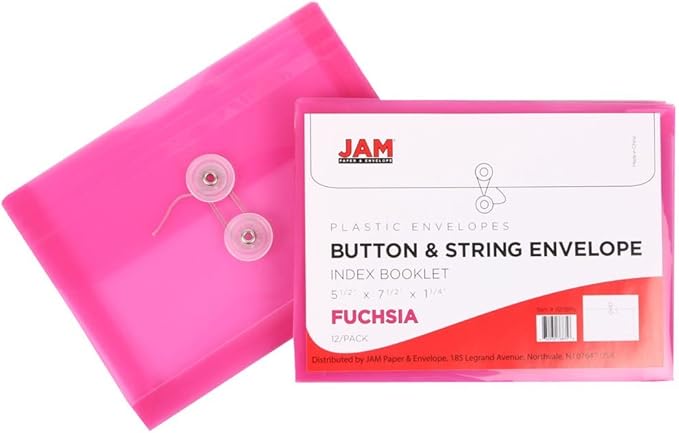 JAM PAPER Plastic Envelopes with Button & String Tie Closure - Index Size - 5 1/2 x 7 1/2 - Assorted Colors - 6/Pack