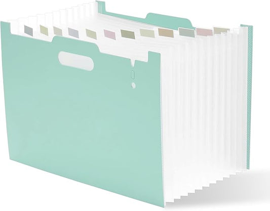 Y YOMA 2 Pack Accordion File Organizer with Handle 12 Pockets Expanding File Folder with Removable Tabs for A4 Letter Size Paper Portable Plastic Filing Organizer Bill Receipt Holder, Mint Green